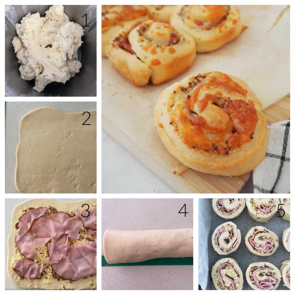collage showing the steps to make ham and cheese scrolls