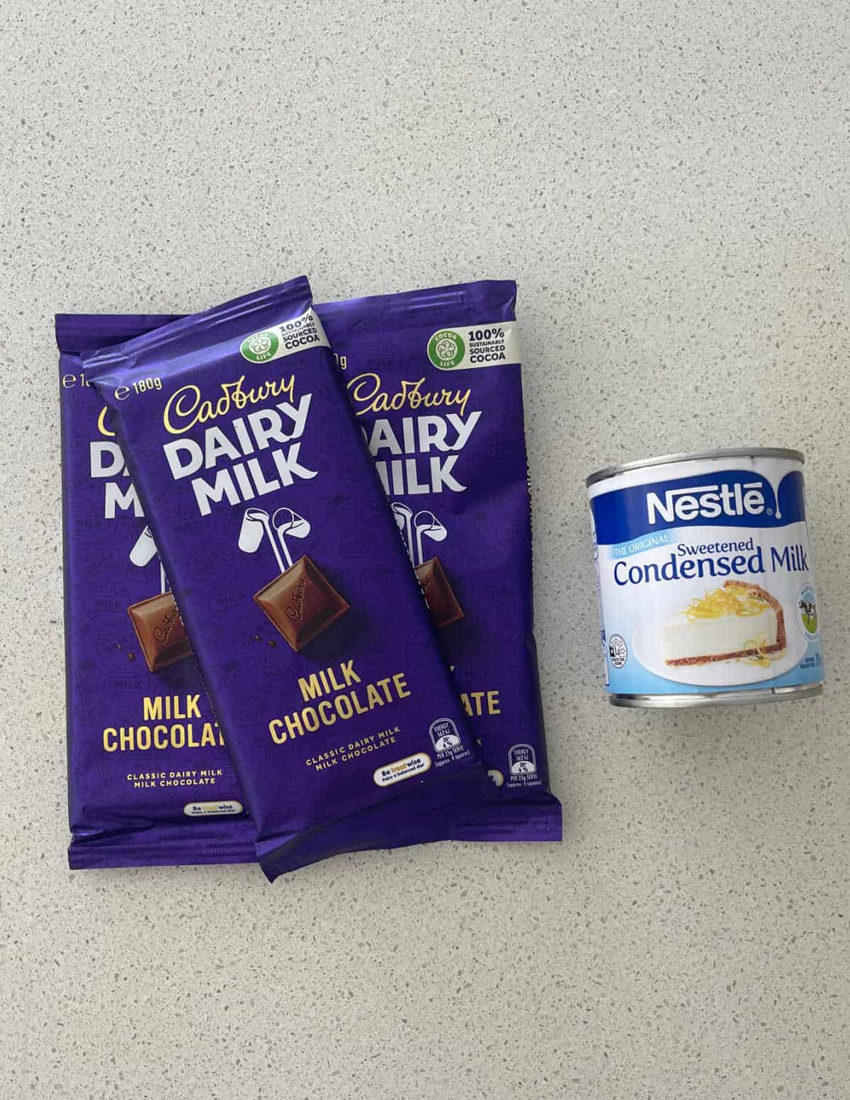 photo of milk chocolate and sweetened condensed milk needed to make chocolate fudge.