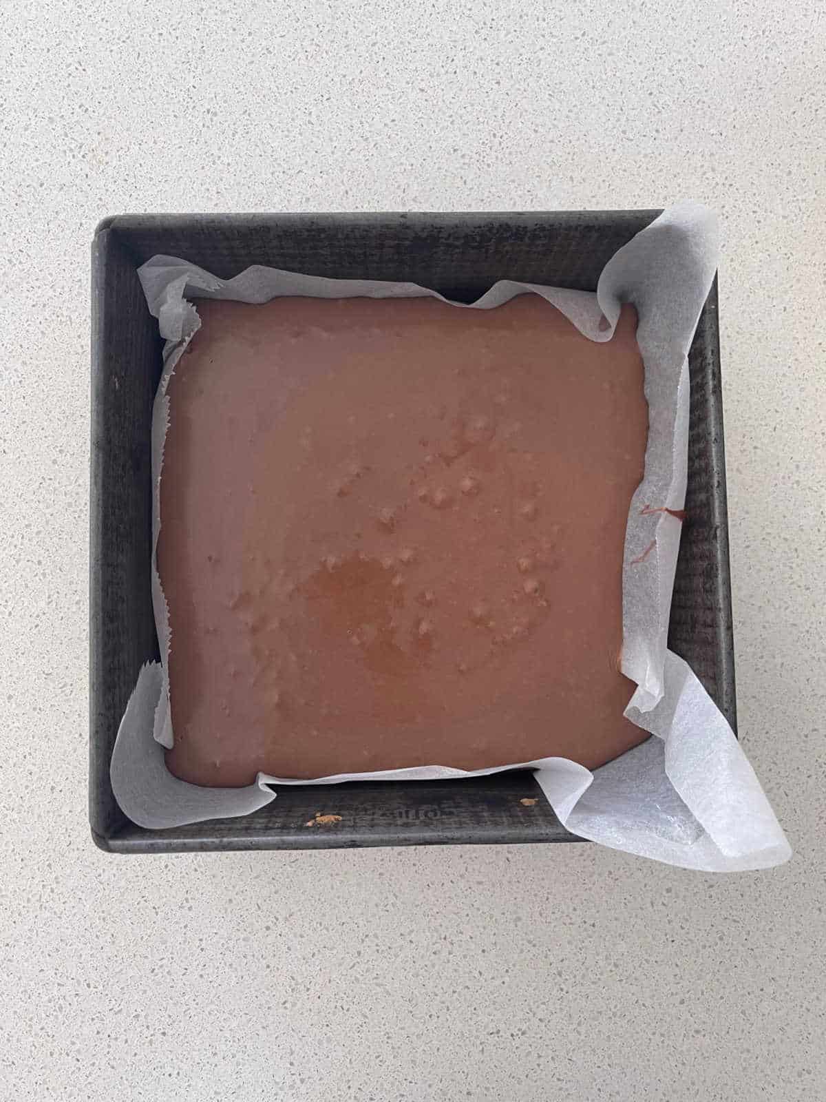 chocolate fudge in baking tin.