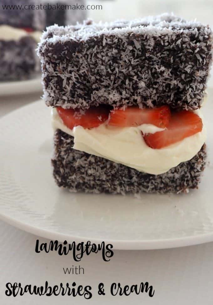 Chocolate Lamingtons with Strawberries and Cream