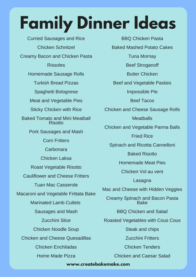 Printable List Of Dinner Ideas