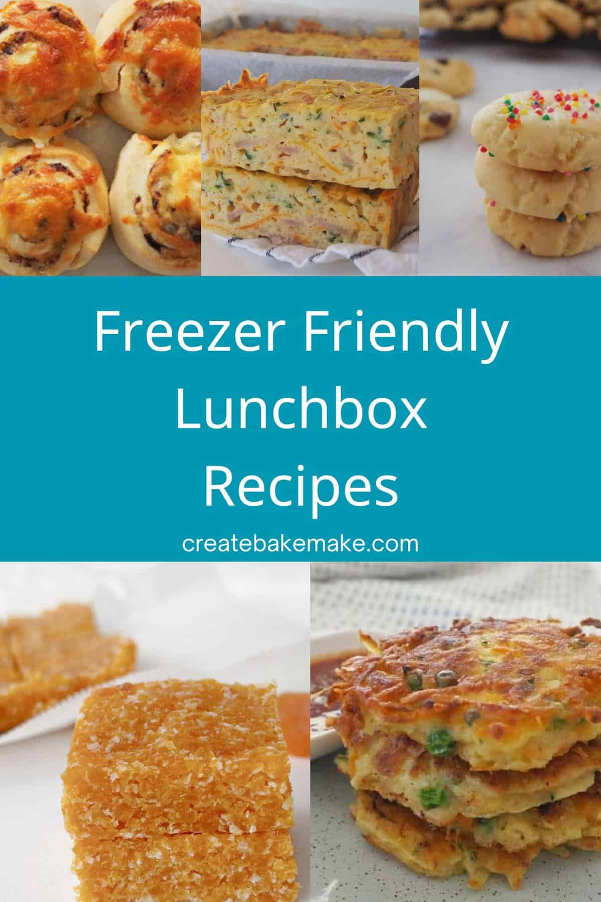 Collage of freezer friendly lunchbox recipes.