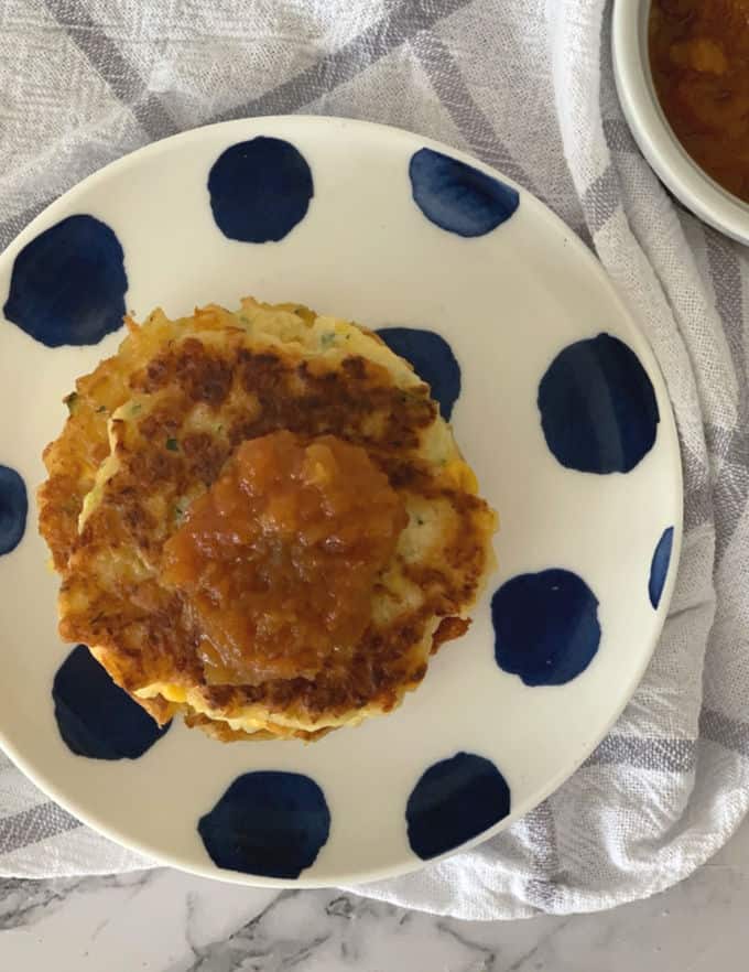 Corn and Zucchini Fritters with Relish Top View