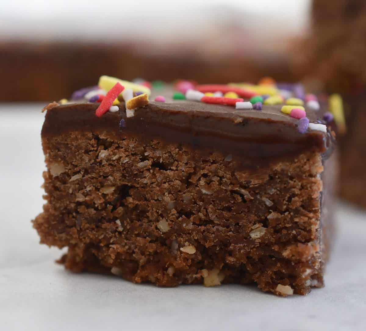 close up side view of baked chocolate slice