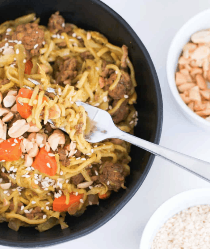 Overhead view of Noodle and Beef chow Mein