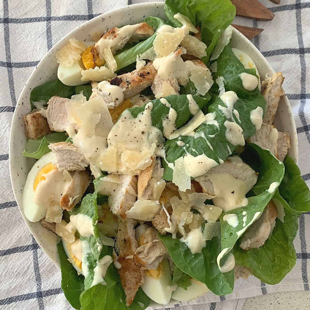 Chicken Caesar Salad in a bowl overhead