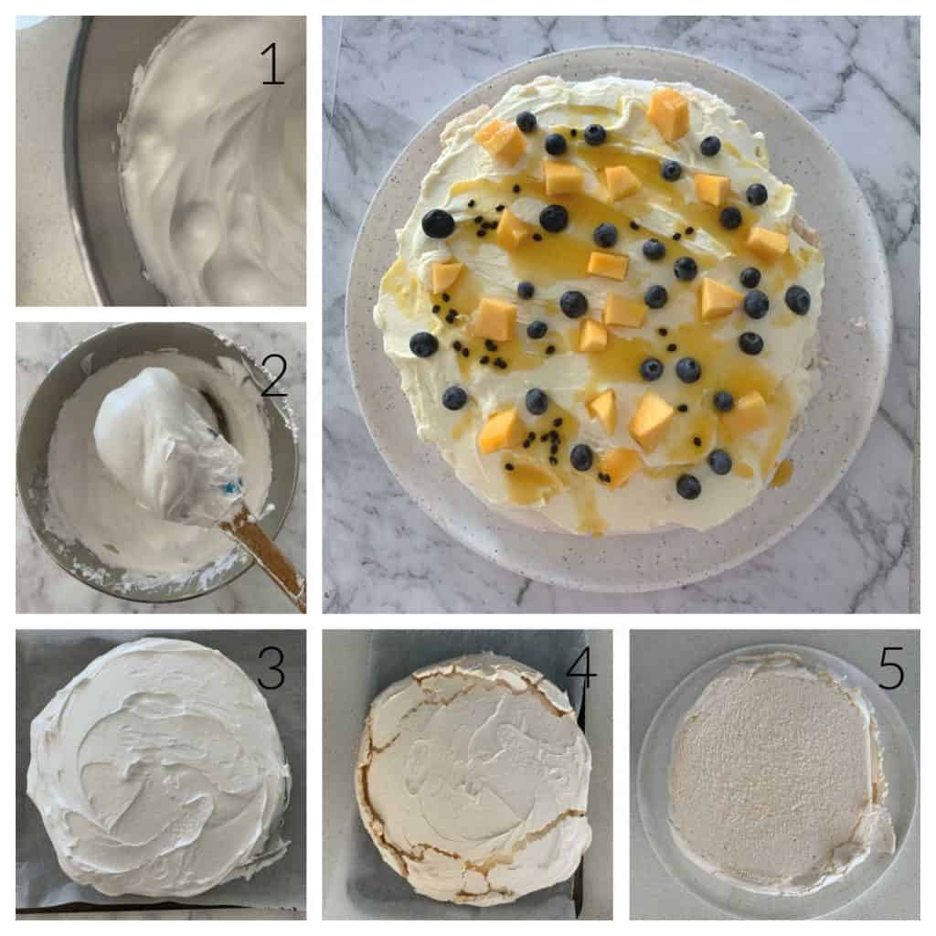 Collage showing the steps to make a pavlova