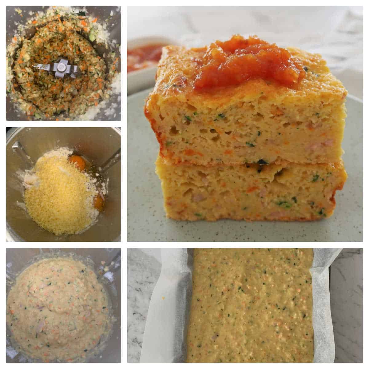 Collage showing steps to make a zucchini slice in a thermomix.