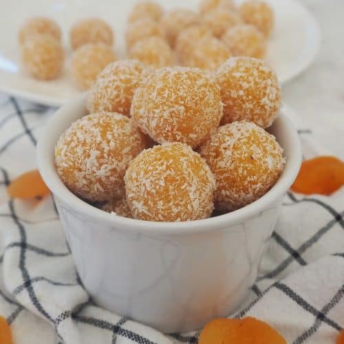 Apricot Bliss balls in a white bowl