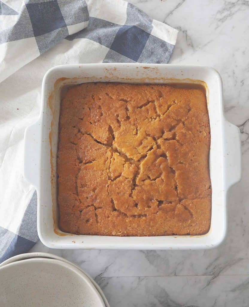 Butterscotch pudding in a baking dish.