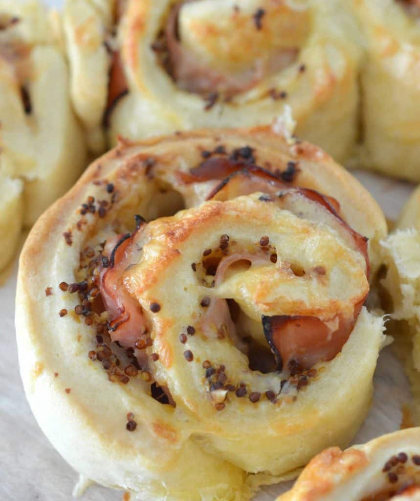 overhead view of ham cheese and mustard scrolls