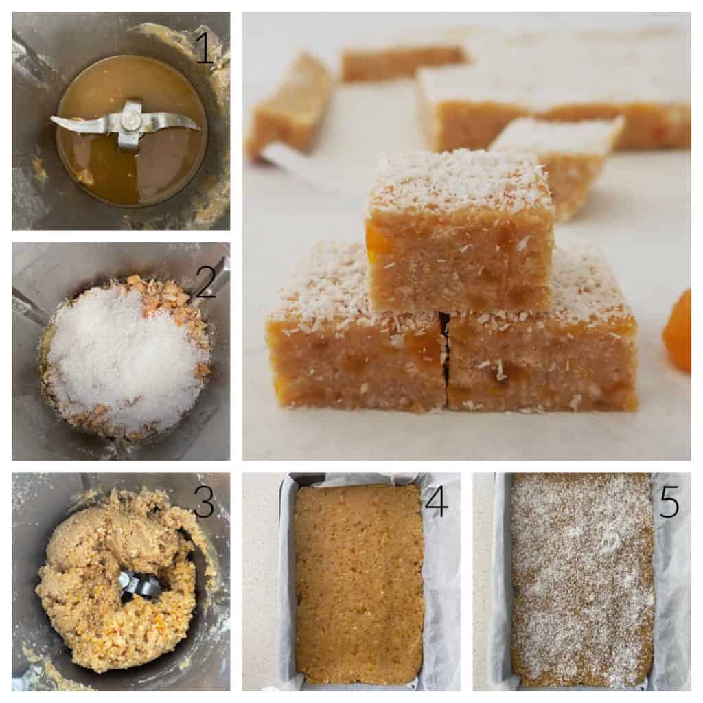 Collage of photos showing the steps to make apricot slice