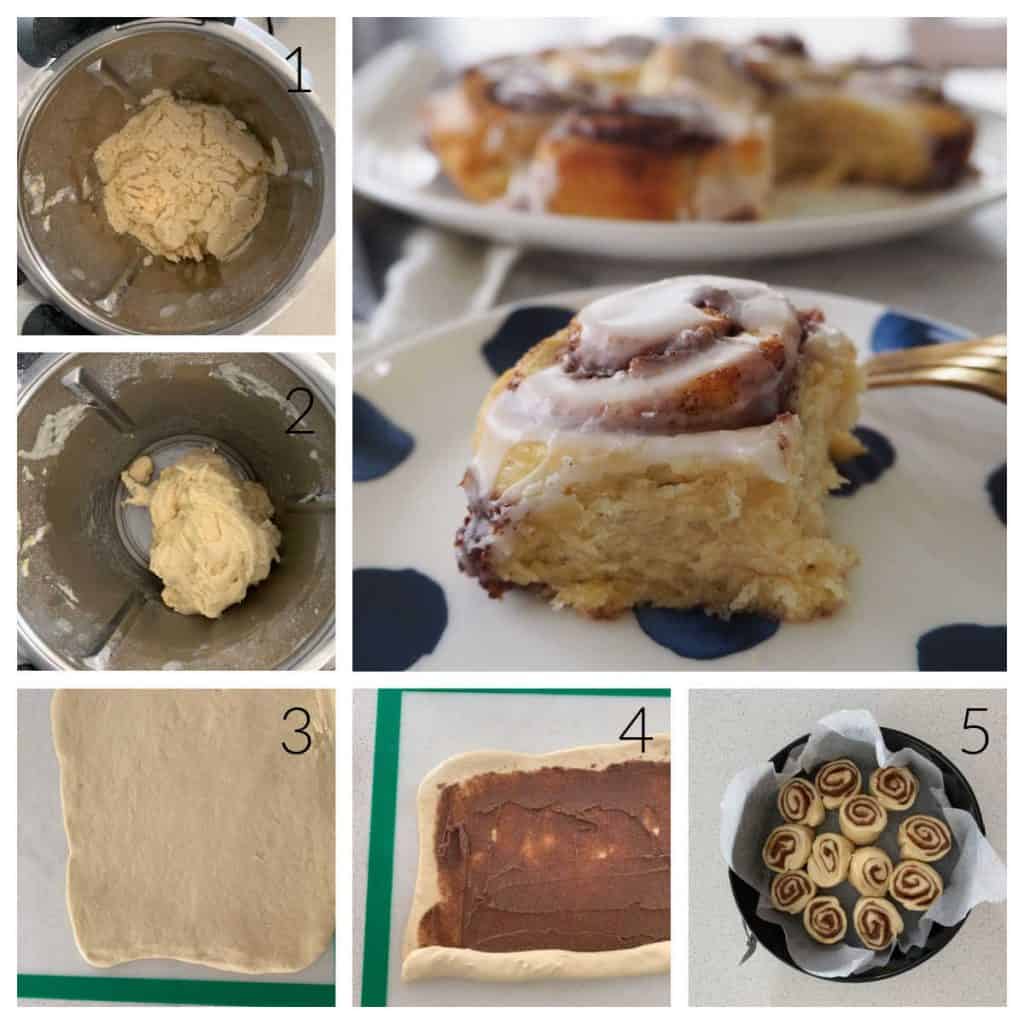 Collage showing steps to make cinnamon scrolls