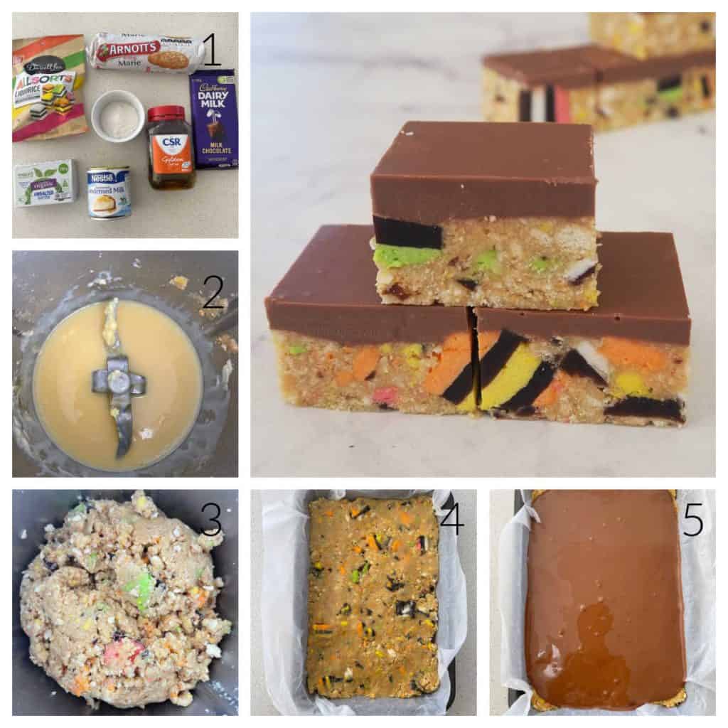 Collage of images showing how to make licorice allsort slice