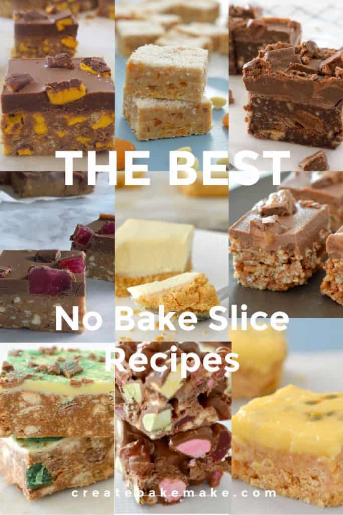 collage of no bake slice recipes
