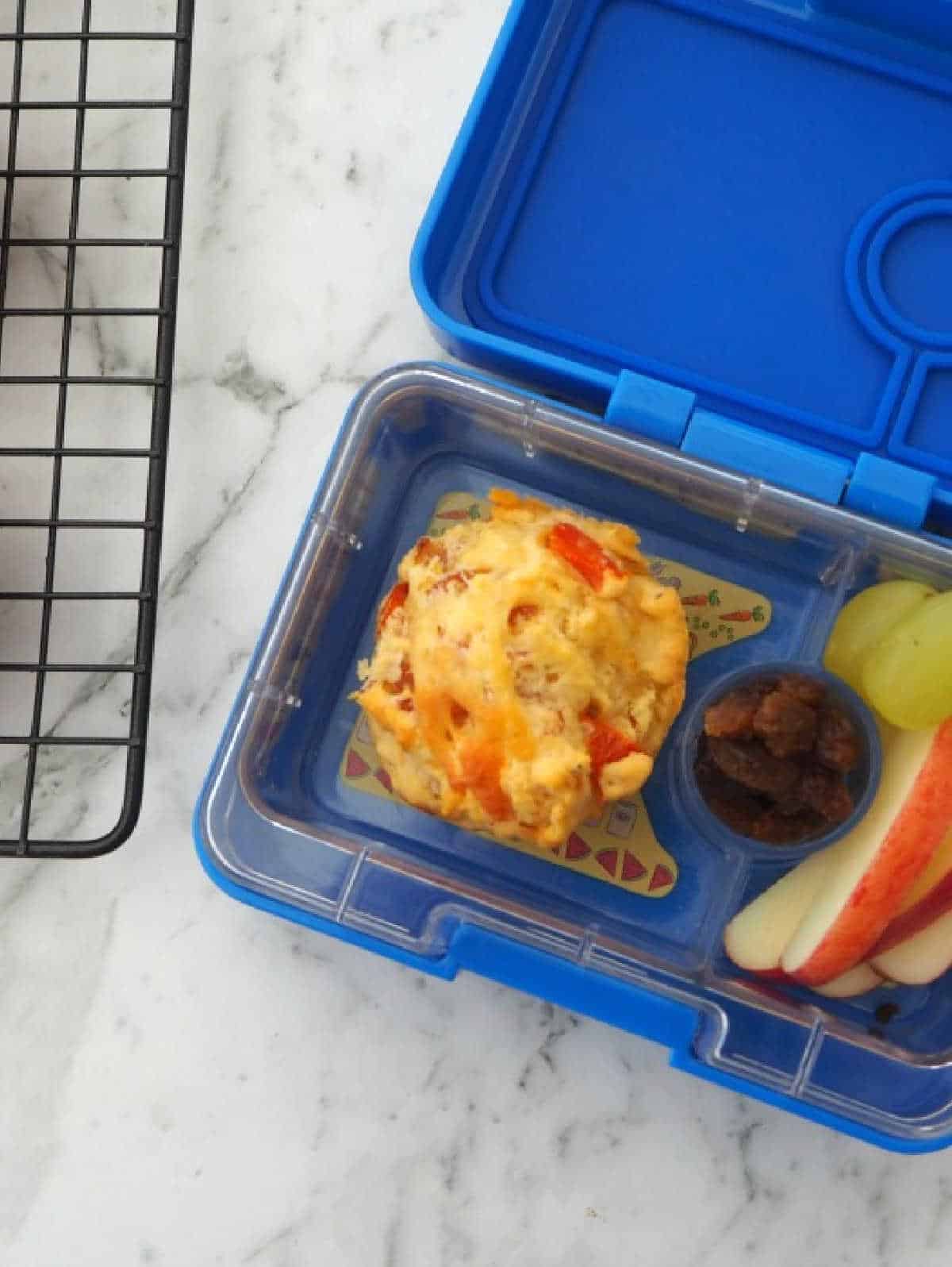 Ham and cheese muffin in a blue yumbox