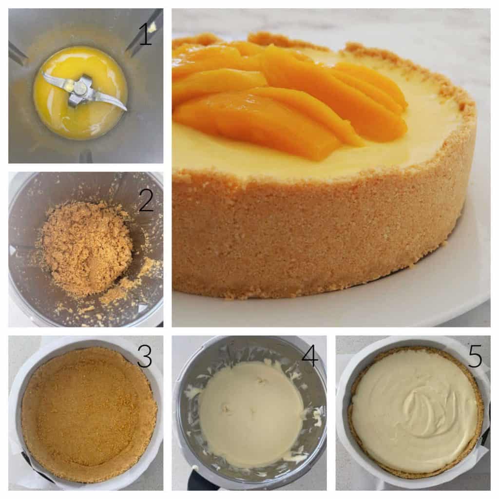 Collage showing the steps to make a mango cheesecake