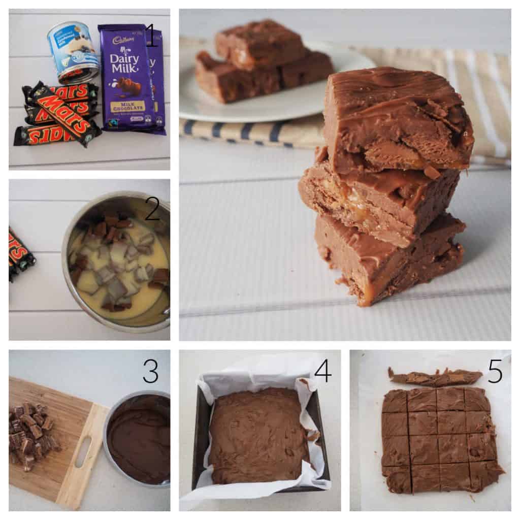 collage showing the steps to make mars bar fudge
