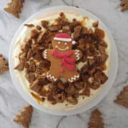 Gingerbread Pavlova on a white plate with gingerbread christmas trees around