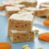 Apricot and white Chocolate Slice on a blue background