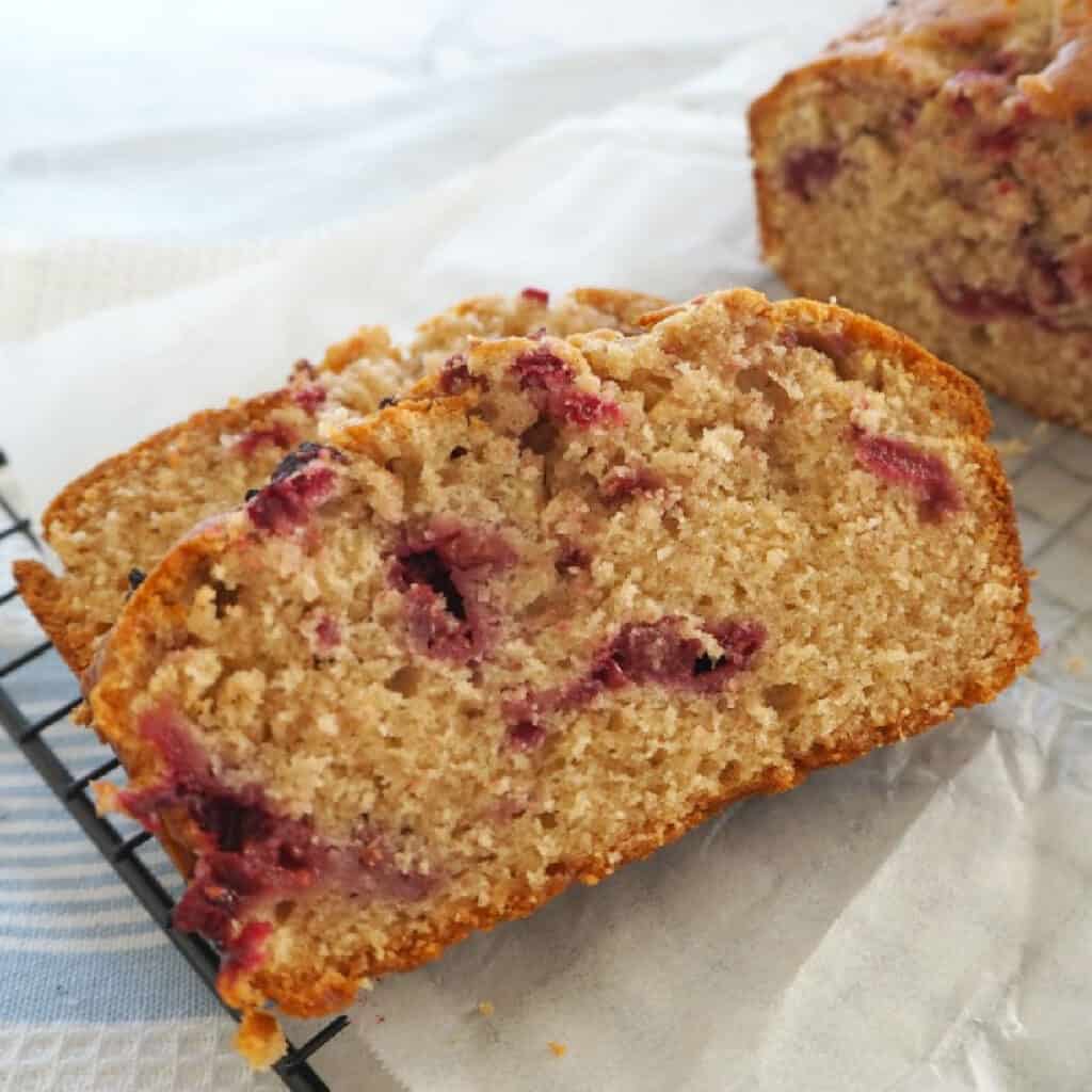 side view of a slice of Banana Raspberry Bread