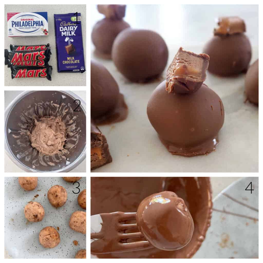 collage showing steps on how to make mars bar cheesecake balls