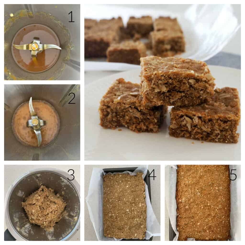 Collage showing the steps to make Anzac Slice