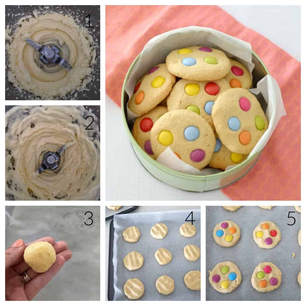 collage showing the steps how to make Smartie Cookies