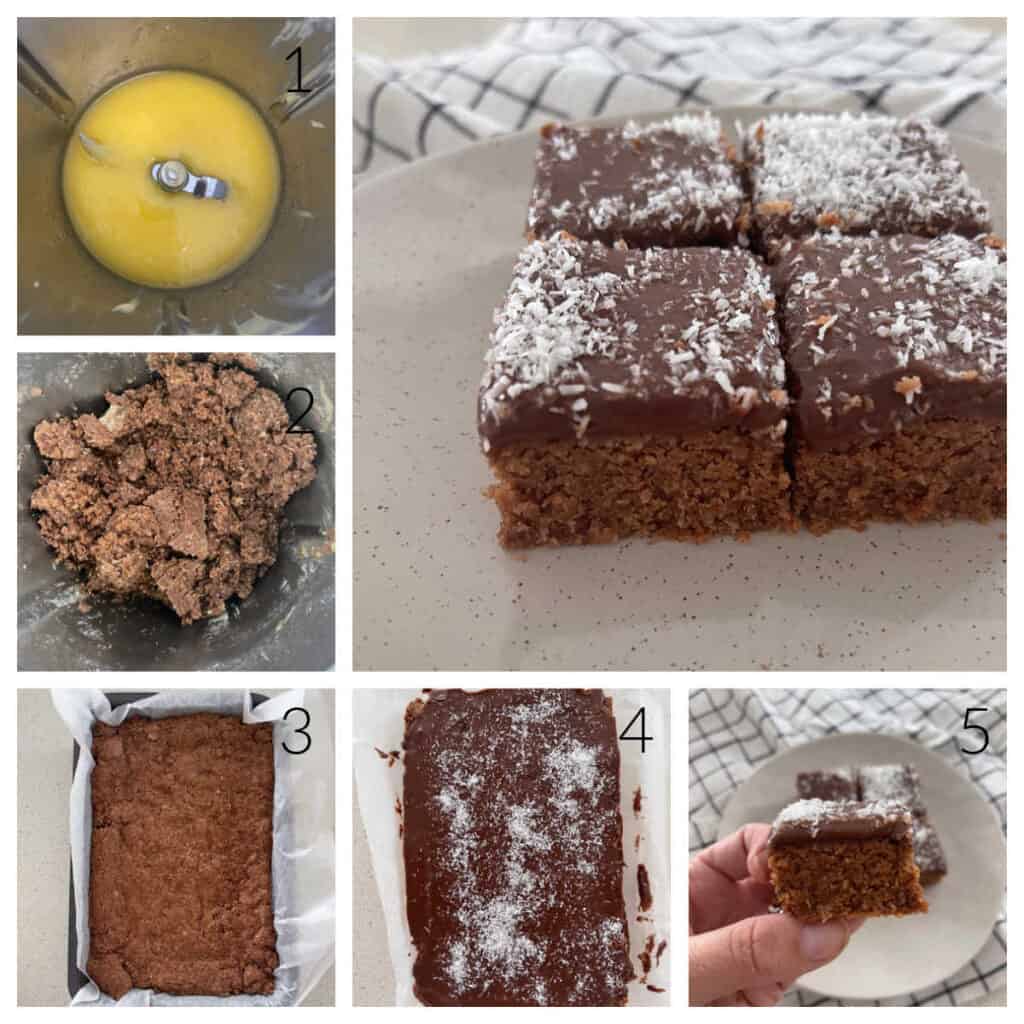 collage showing the steps to make chocolate coconut slice.