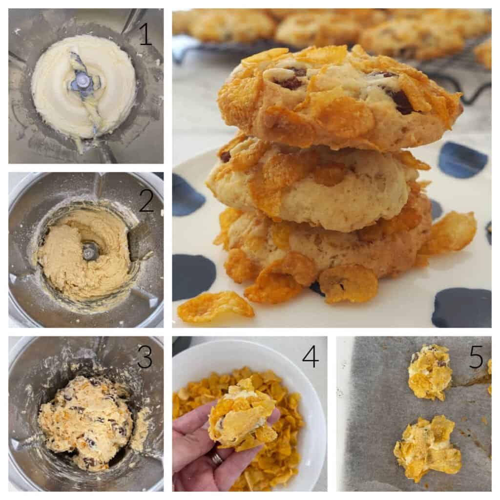 collage showing the steps to make cornflake biscuits