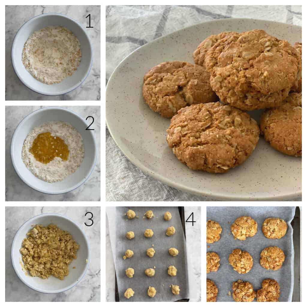 Collage showing the steps of how to make Anzac Biscuits.