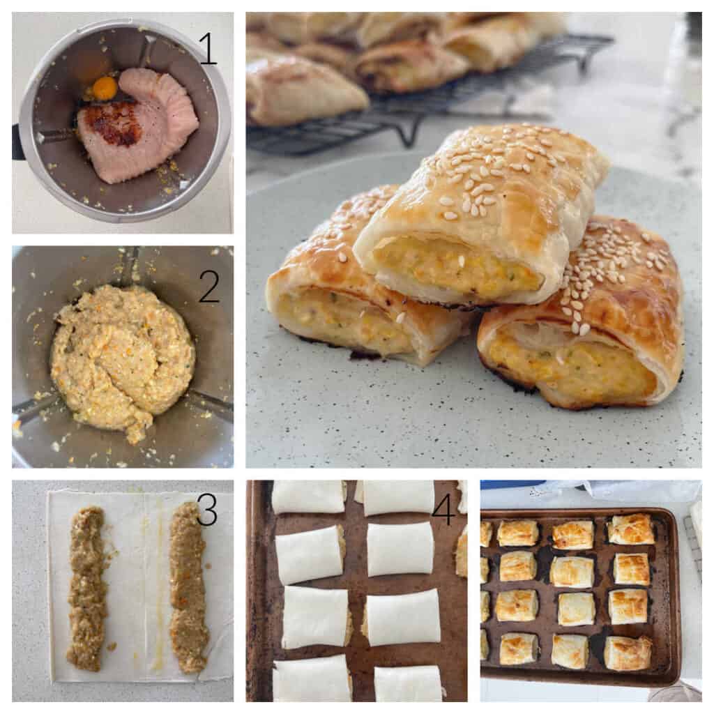 Step by Step instructions showing how to make chicken sausage rolls.