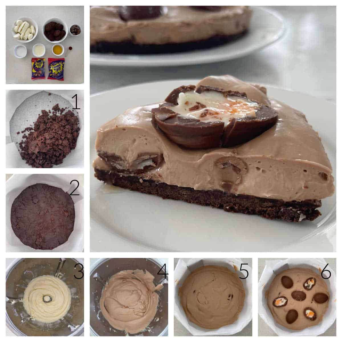 Collage showing the steps to make a Creme Egg Cheesecake.