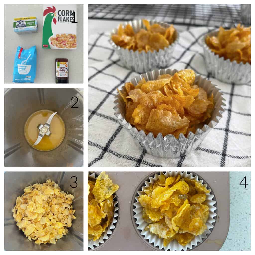 Collage showing the steps to make Honey Joys recipe and ingredients required.