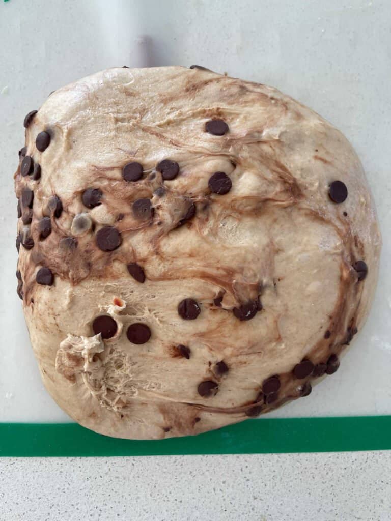 Choc Chip Hot Cross Bun Dough on a thermomat after first prove.