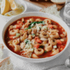 Bowl of Vegetable tortellini soup in a white bowl.