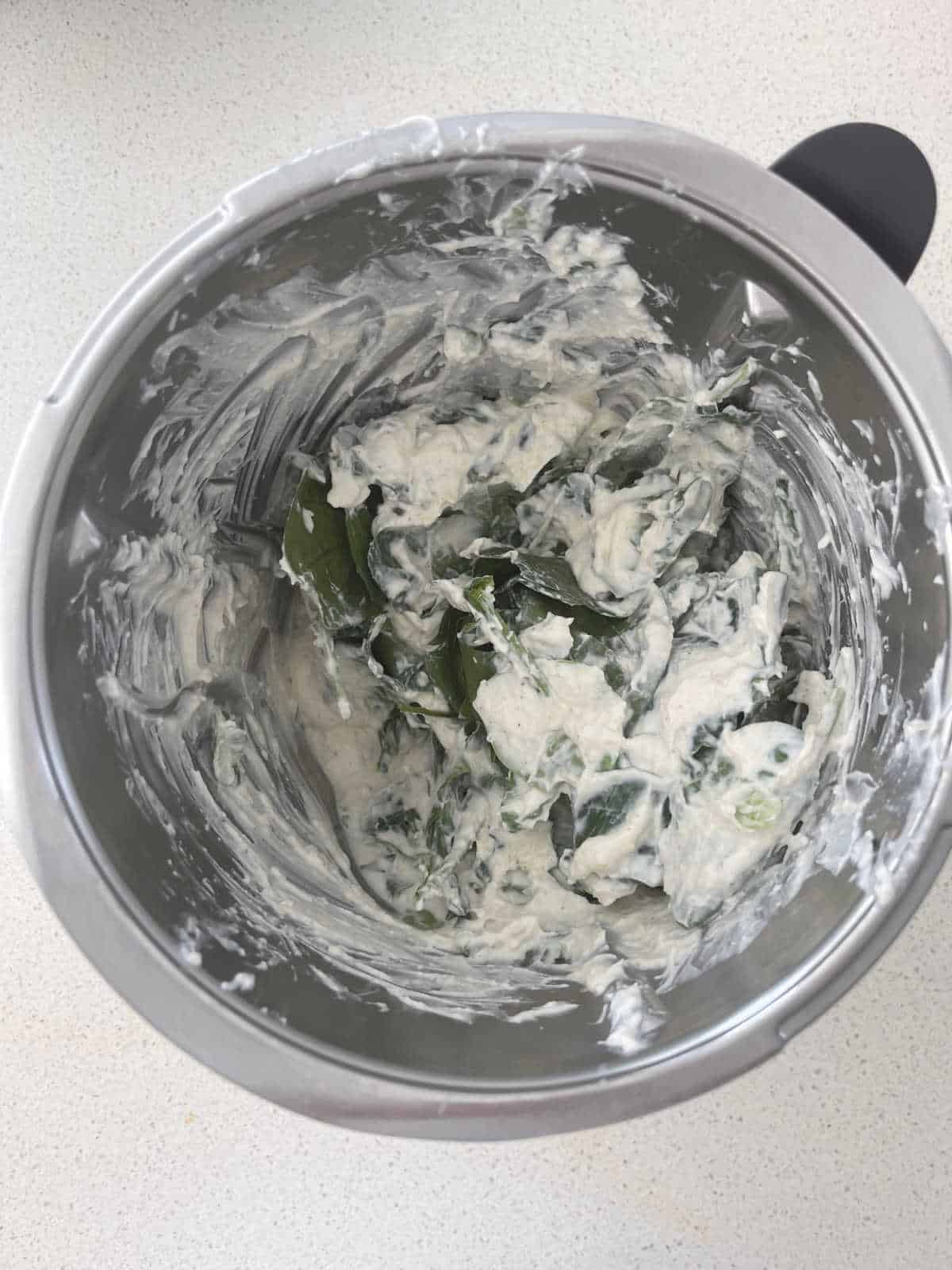 mixture for spinach and ricotta cannelloni in thermomix bowl.