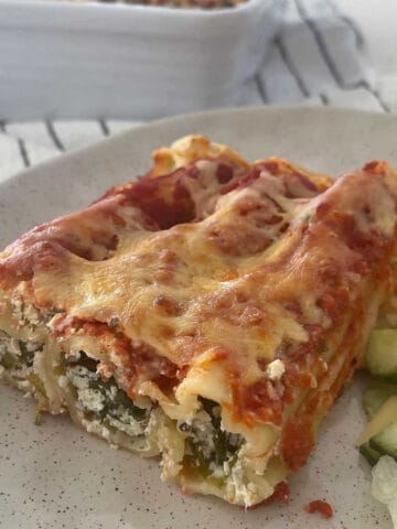three rolls of spinach and ricotta cannelloni on a speckled plate with side salad.