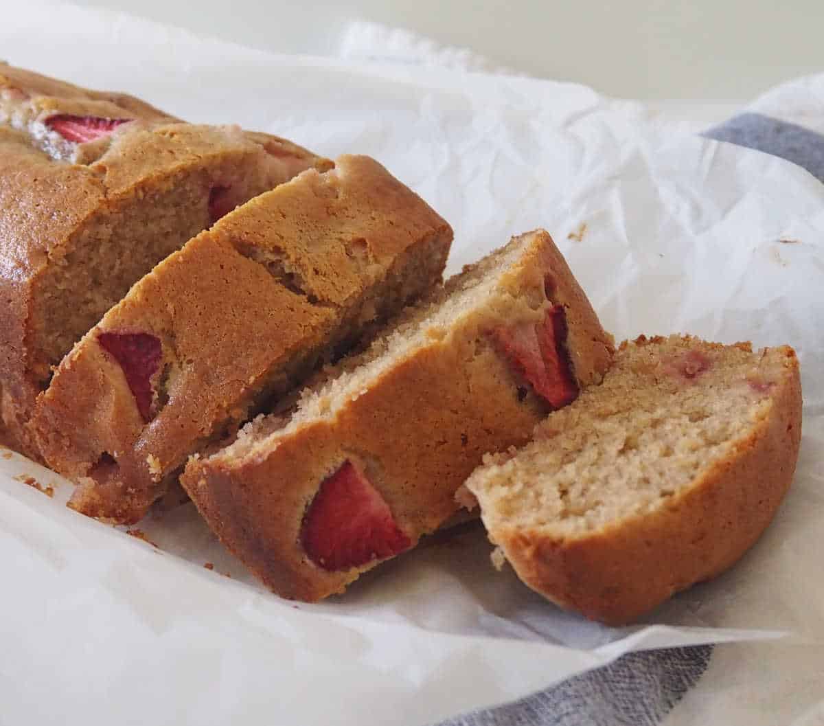 Side view of sliced Banana and Strawberry Bread.