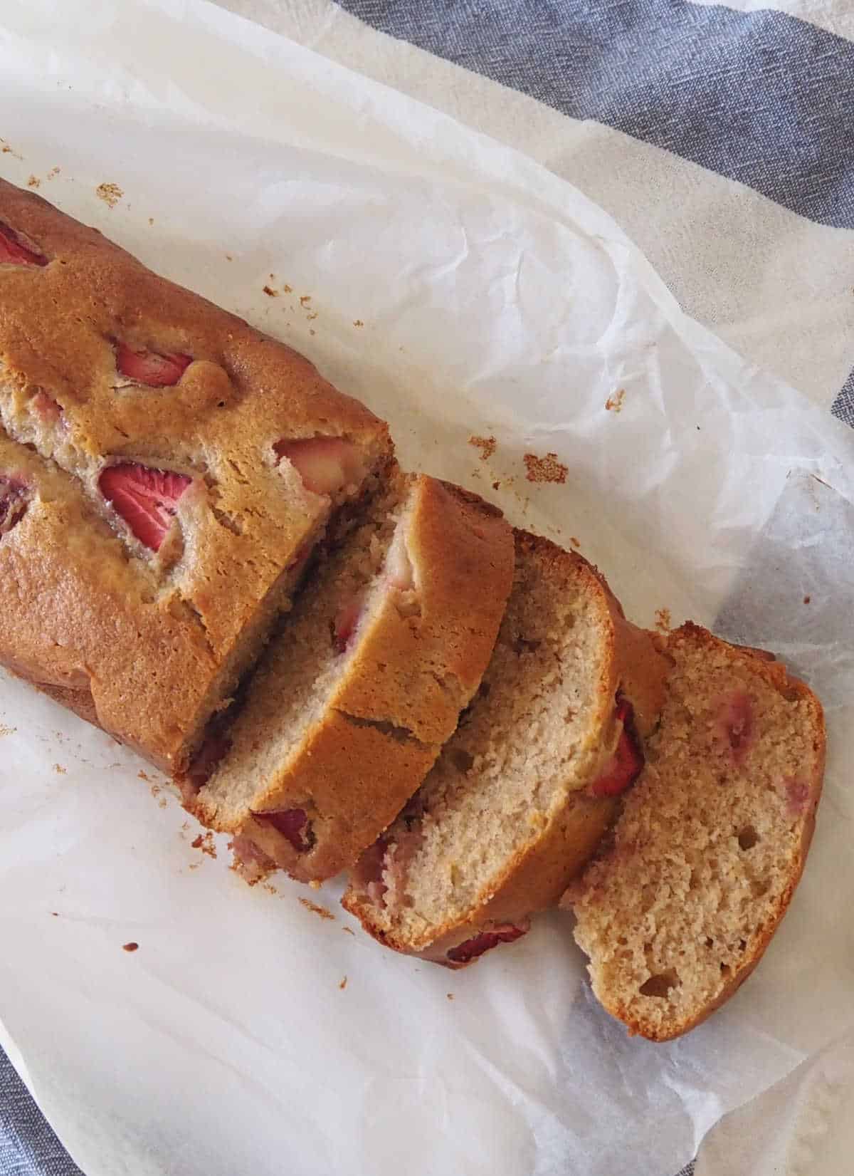 overhead view of Banana and Strawberry Bread.