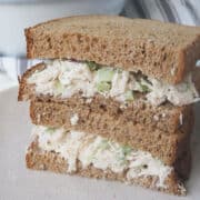 Two wholemeal sandwiches with chicken sandwich filling.
