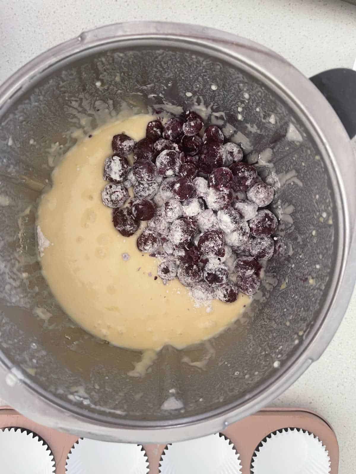 Blueberry muffin ingredients in a Thermomix bowl.
