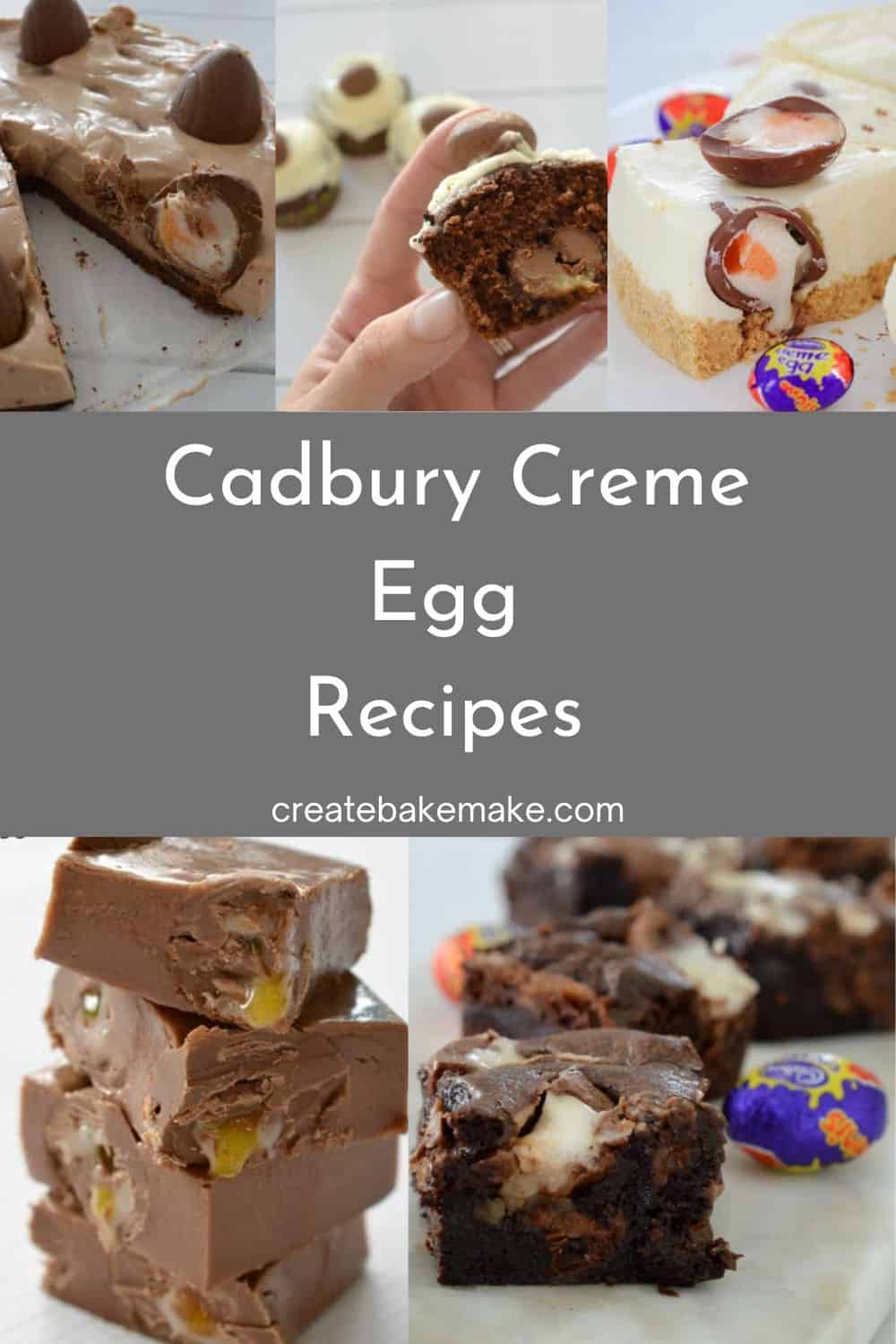 Collage of CADBURY CREME Egg recipes including fudge, cheesecake, muffins and brownies.