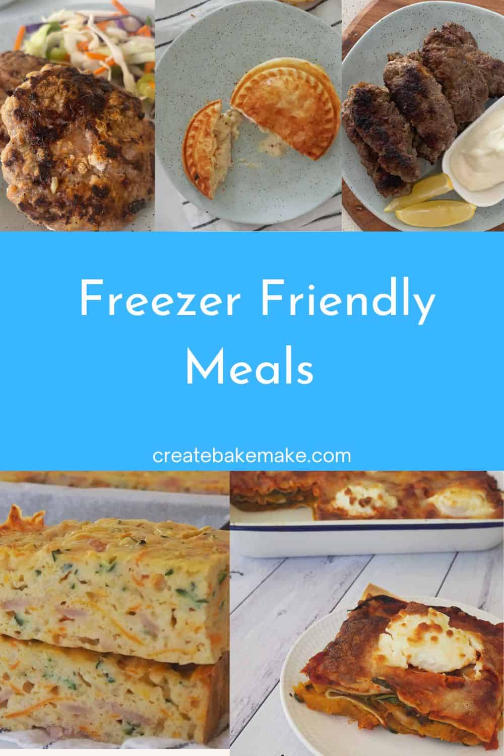 Collage of freezer friendly meals.