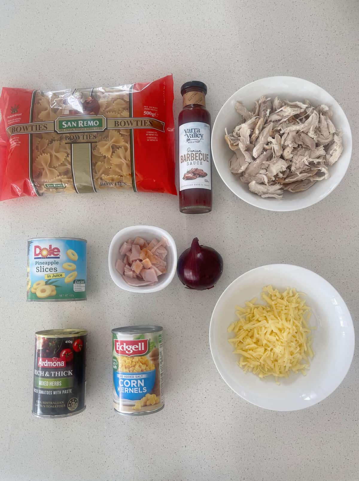 Ingredients to make BBQ Chicken Pasta Bake.