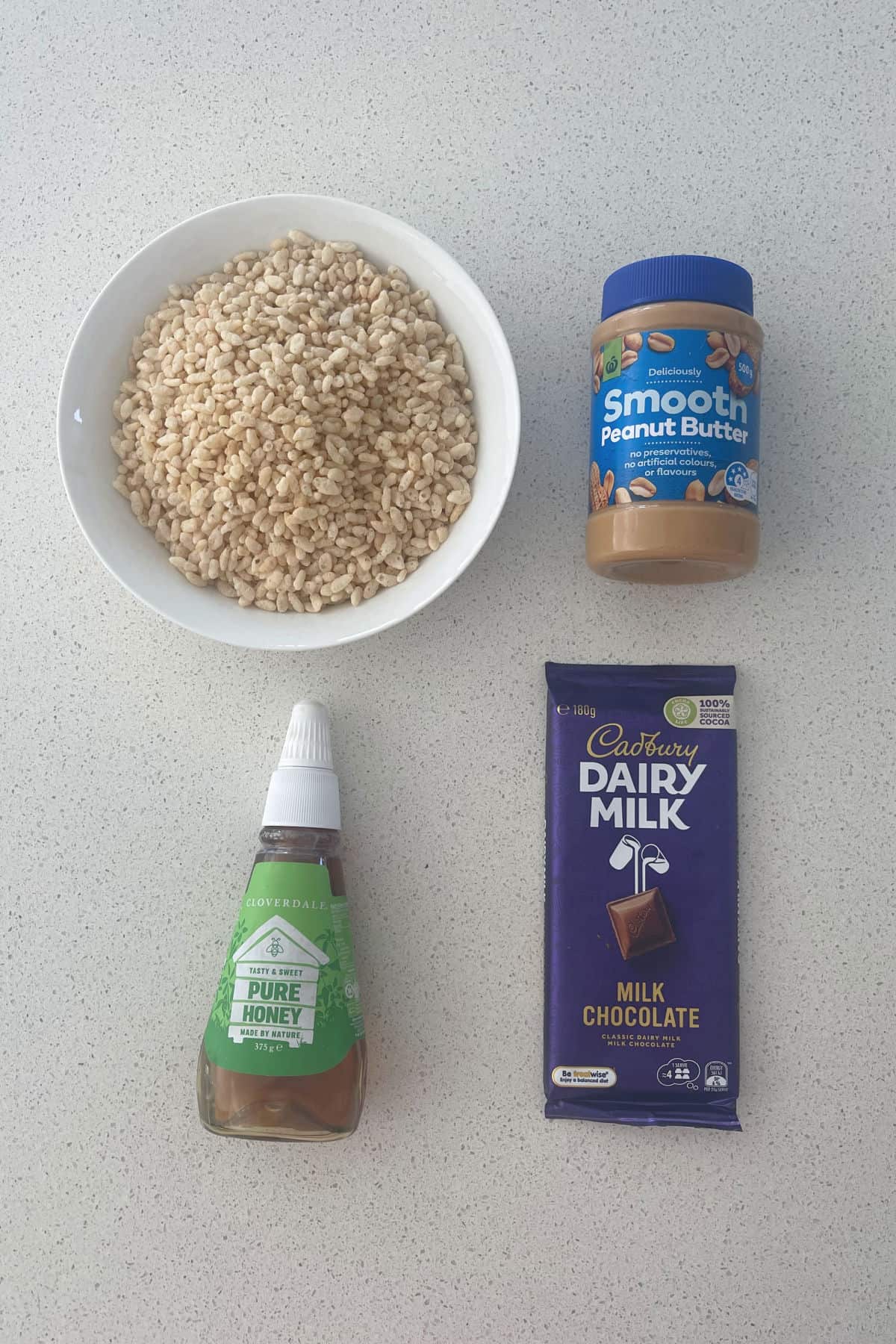 Ingredients to make peanut butter rice bubble slice.