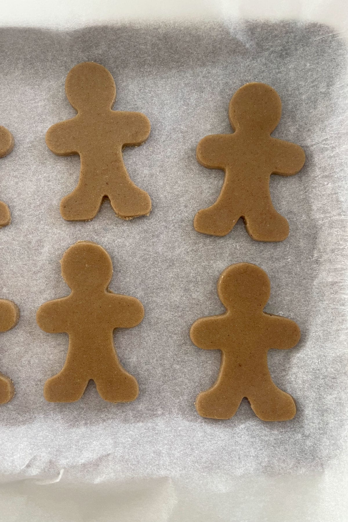 Gingerbread people on a baking tray lined with baking paper ready to go into the oven.