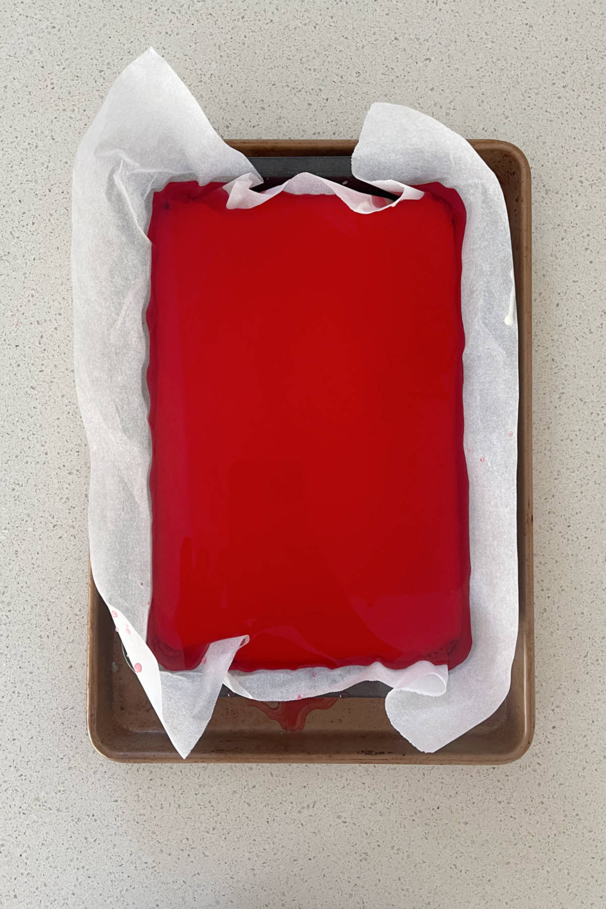 Jelly Slice sitting on a tray ready to go into the fridge.