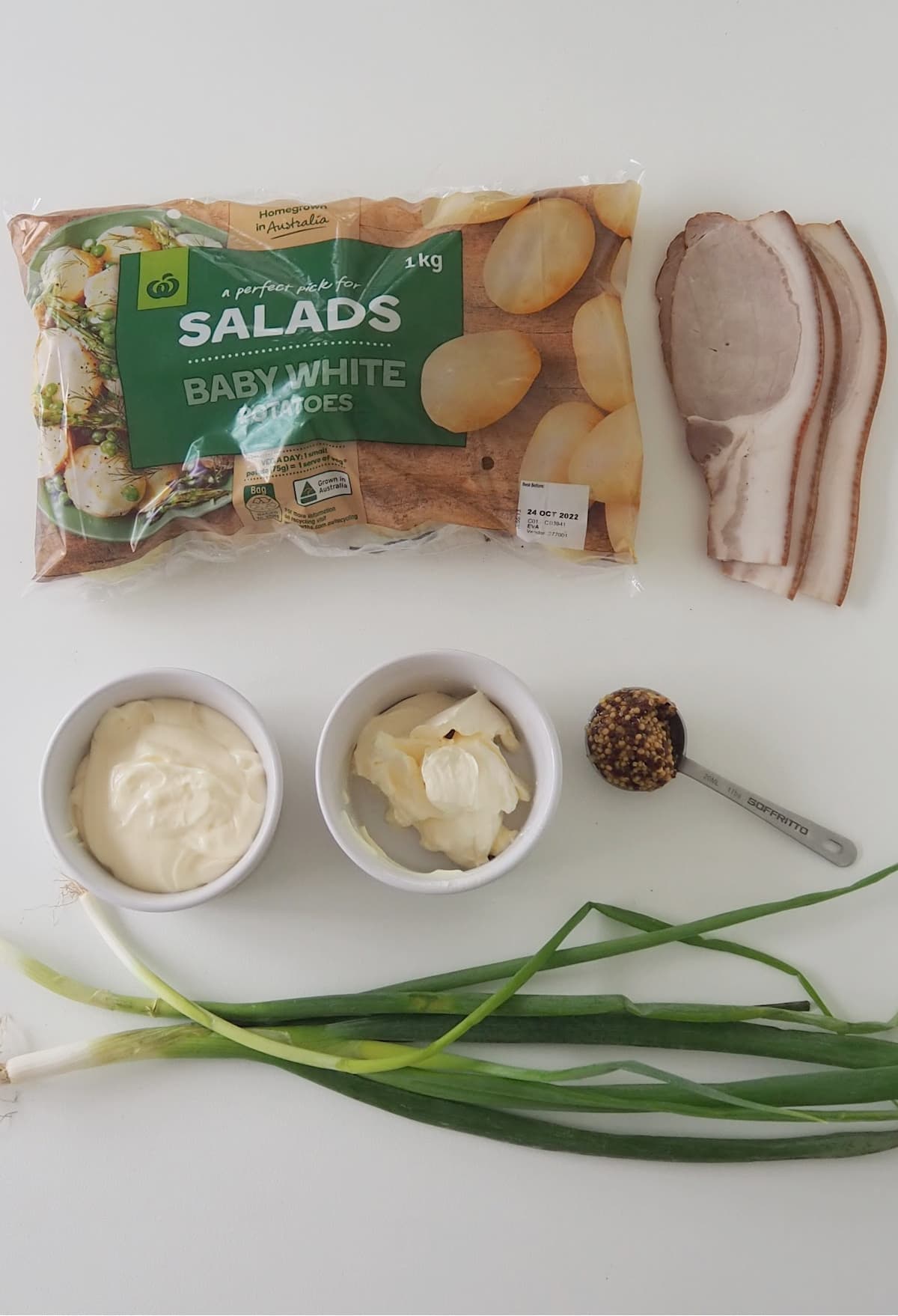 Overhead view of potato salad ingredients.