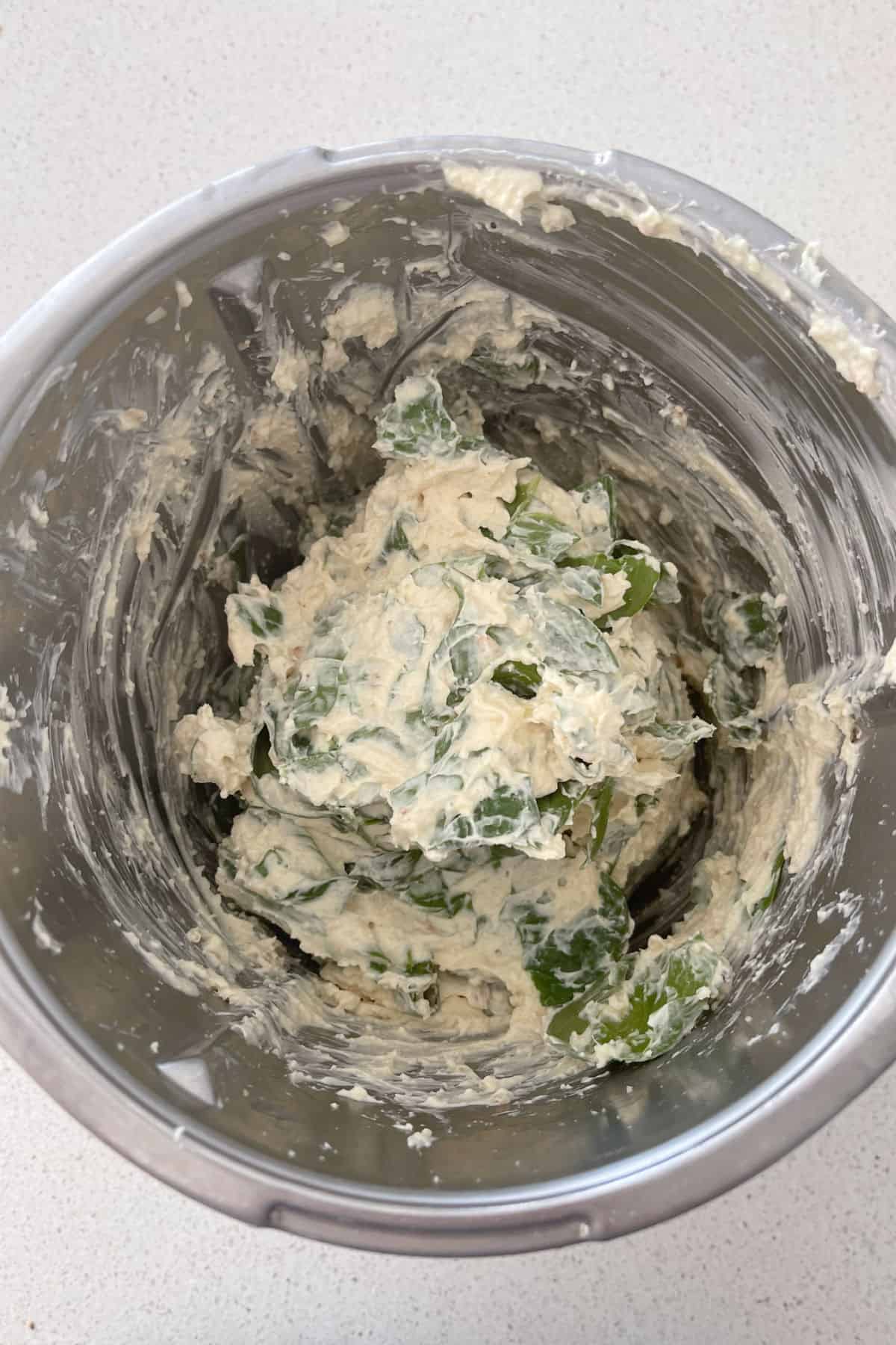 Spinach Dip ingredients combined in a thermomix bowl.